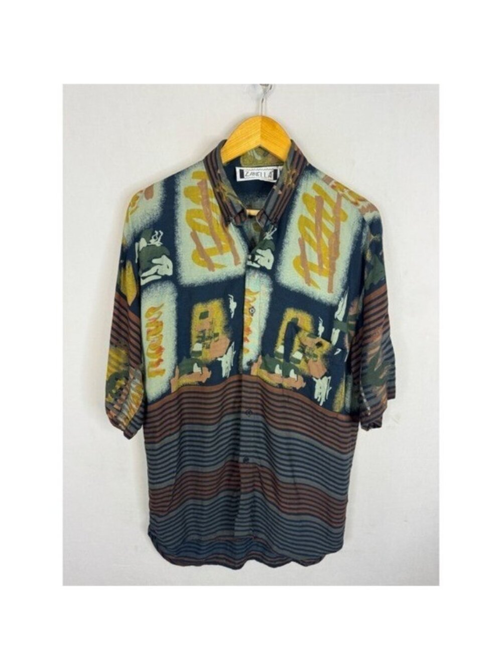 Zanella Vintage Mens Large Rayon Abstract Geometric Striped Button Down Shirt